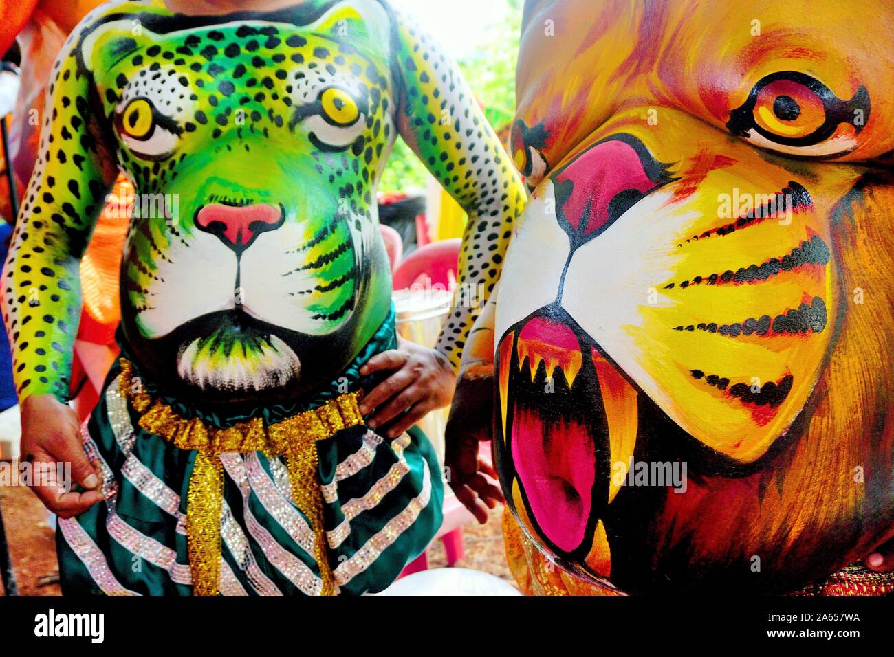 Painted human bodies for Pulikali Tiger Dance, Onam festival, Thrissur, Kerala, India, Asia Stock Photo