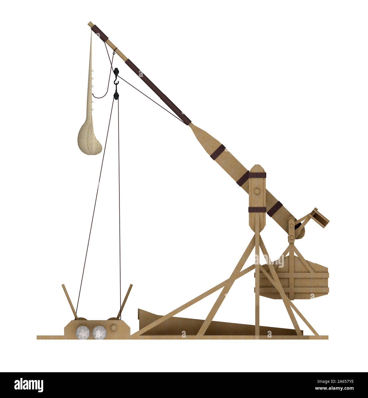 ancient catapult side view isolated on white. 3d rendering Stock Photo