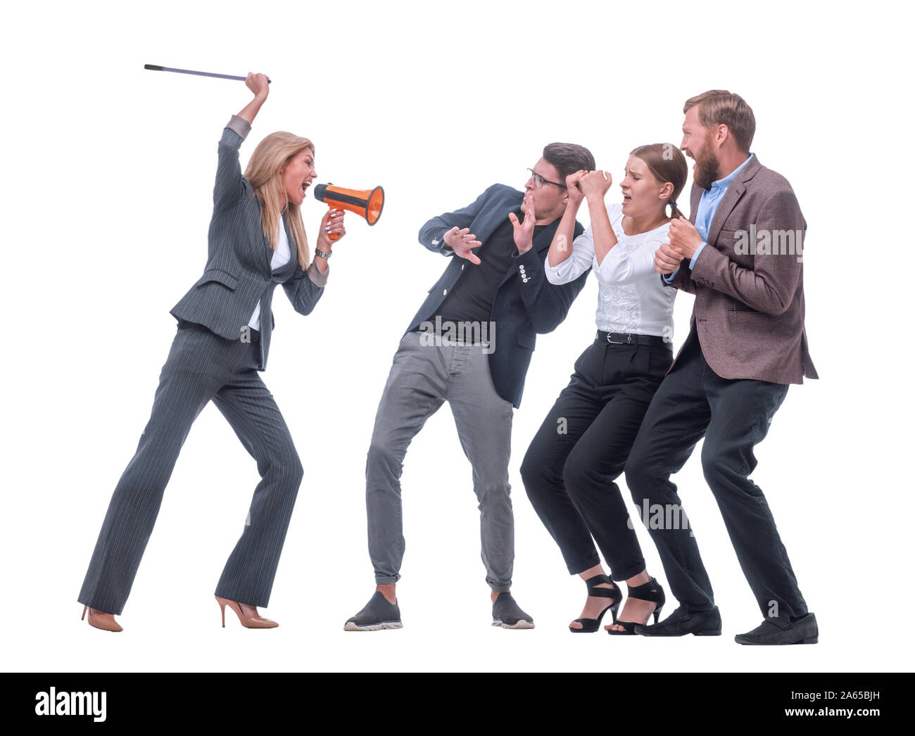 irritated businesswoman shouts loudly at her subordinates. Stock Photo