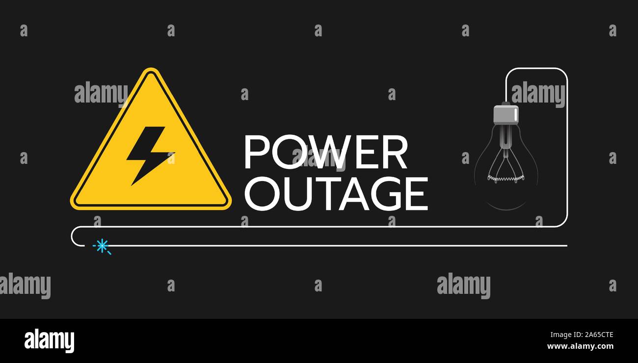 The banner of a power cut with a warning sign and a bulb is on the solid black background. Stock Vector