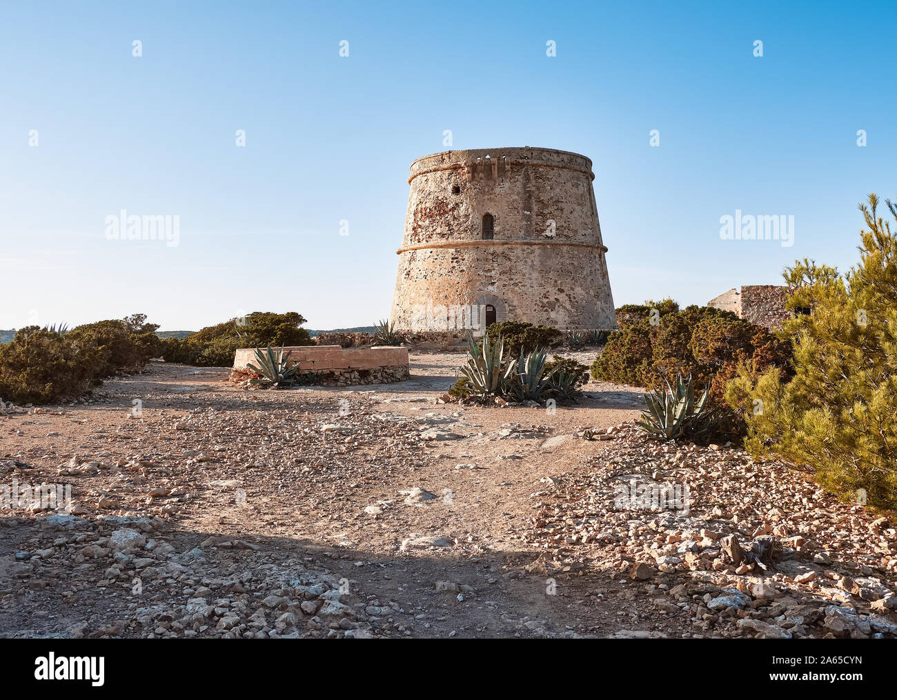 den rovira tower in Ibiza, SPain. Mediterranean landscape and architecture at sunset Stock Photo