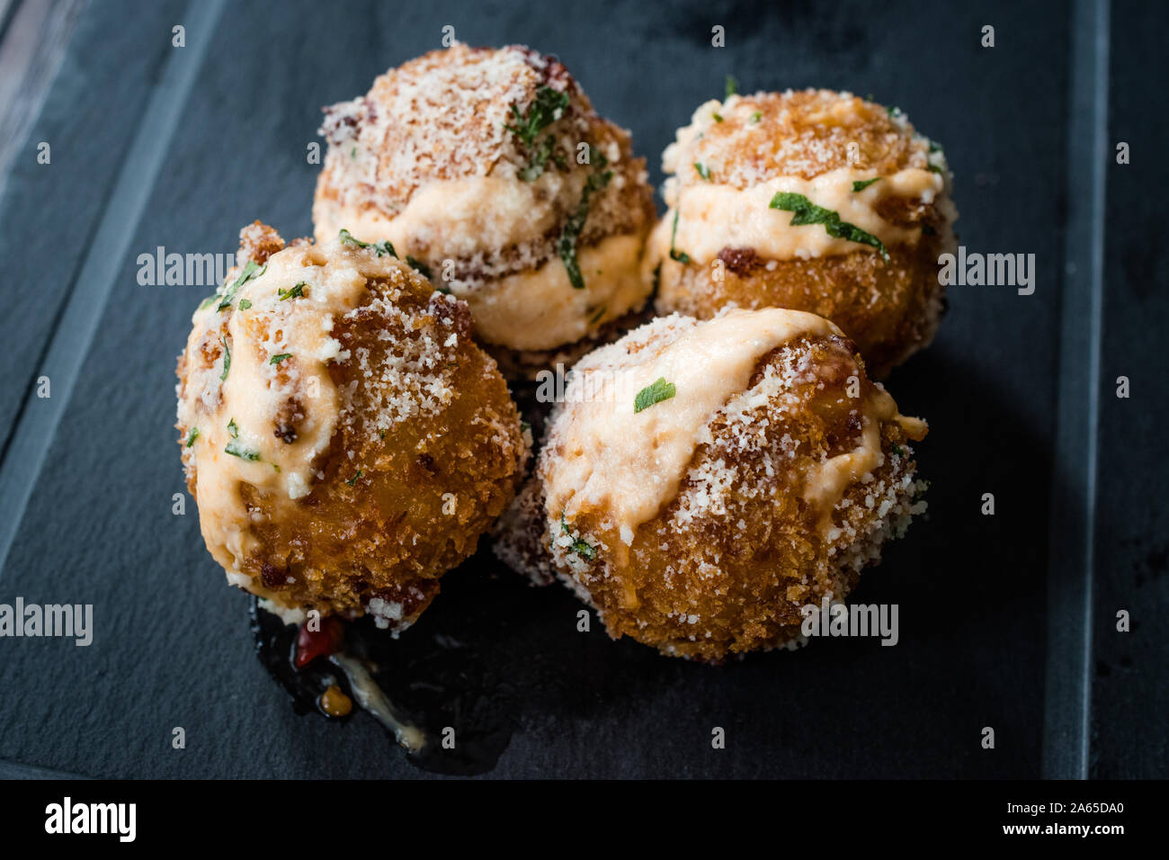 Fried Mac and Cheese Balls with Parmesan Cheese and Mayonnaise / Macaroni Bites. Fast Food Stock