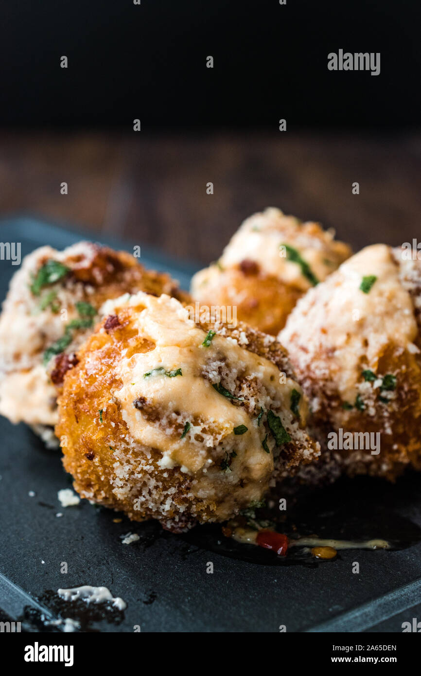 Fried Mac and Cheese Balls with Parmesan Cheese and Mayonnaise / Macaroni Bites. Fast Food Stock