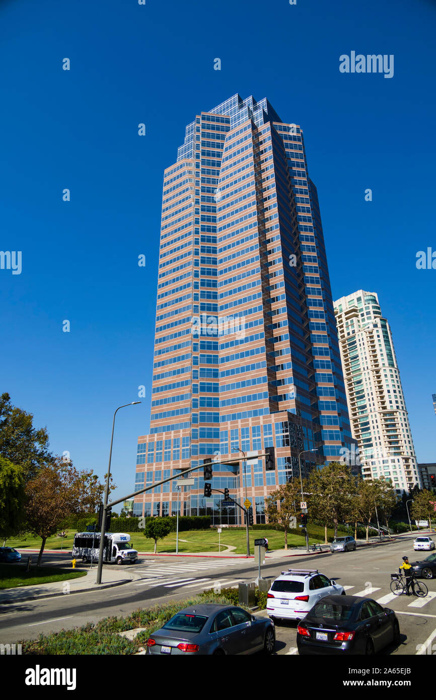 The Fox Plaza skyscraper on The Avenue of the Stars, Century City, Los Angeles, California, United States of America. October 2019 Stock Photo