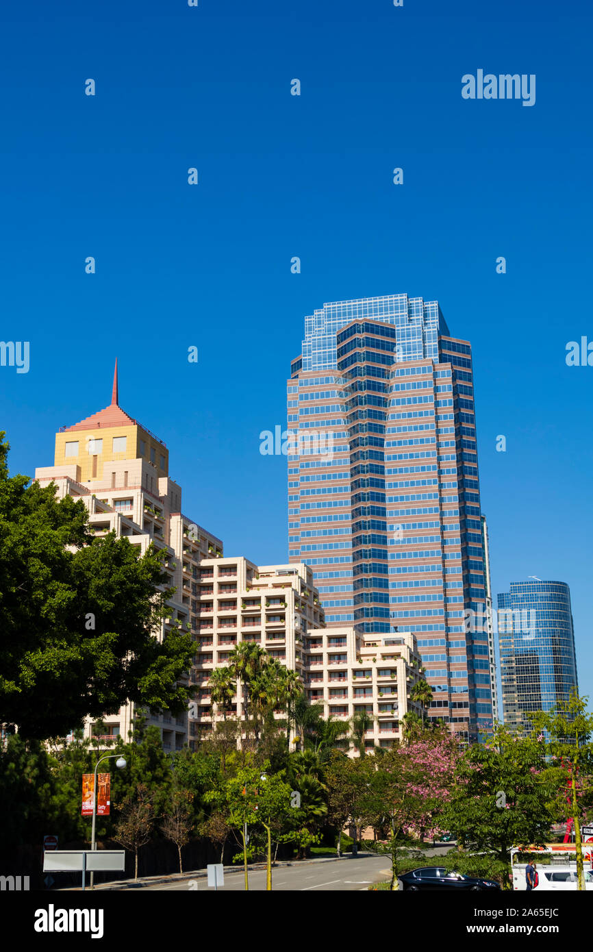 The Fox Plaza skyscraper on The Avenue of the Stars, Century City, Los Angeles, California, United States of America. October 2019 Stock Photo