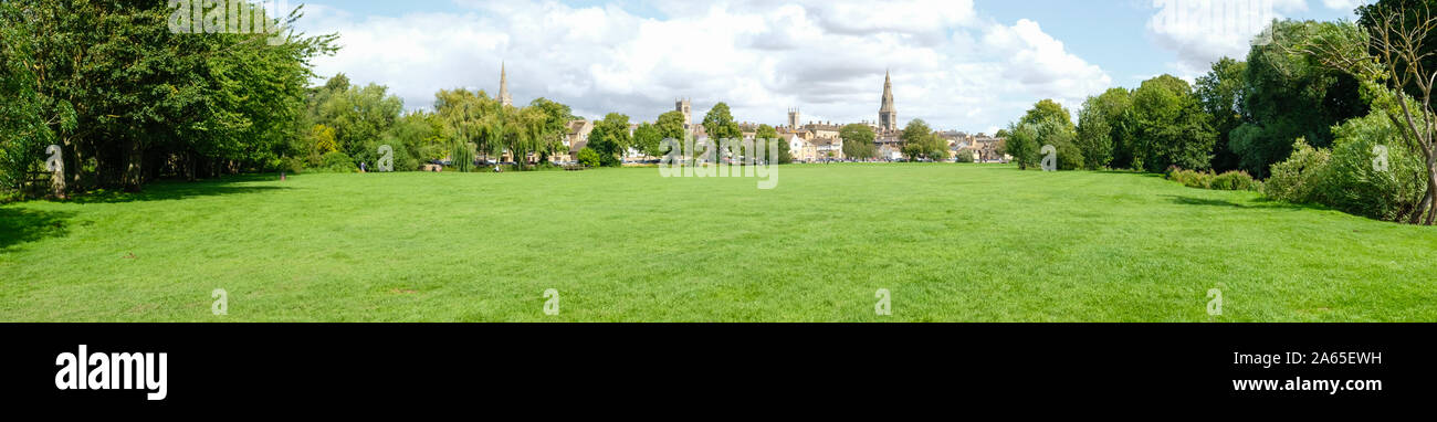 Panoramic view of Stamford, looking across the meadows towards the town and churches, Lincolnshire, UK Stock Photo