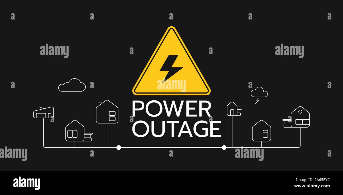 The power outage banner with a warning sign the one is on the solid black background also there are the outline icons of houses connect each other. Stock Vector