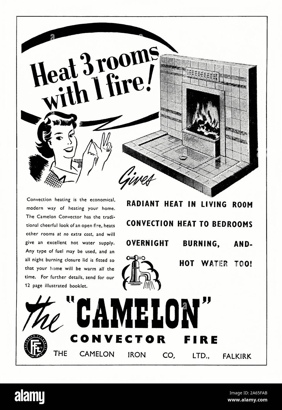 Advert for the 'Camelon' convector fire (or back boiler), 1951. The illustration and copy indicates that the tiled solid-fuel fire shown will heat three additional rooms by means of convectors whilst also supplying hot water to the house. The Camelon was made in Falkirk, Scotland, UK. A back boiler is a heating device which is fitted behind a household fireplace, enabling it to provide heat to the house for via convection units or radiators plus supplying hot water. Stock Photo