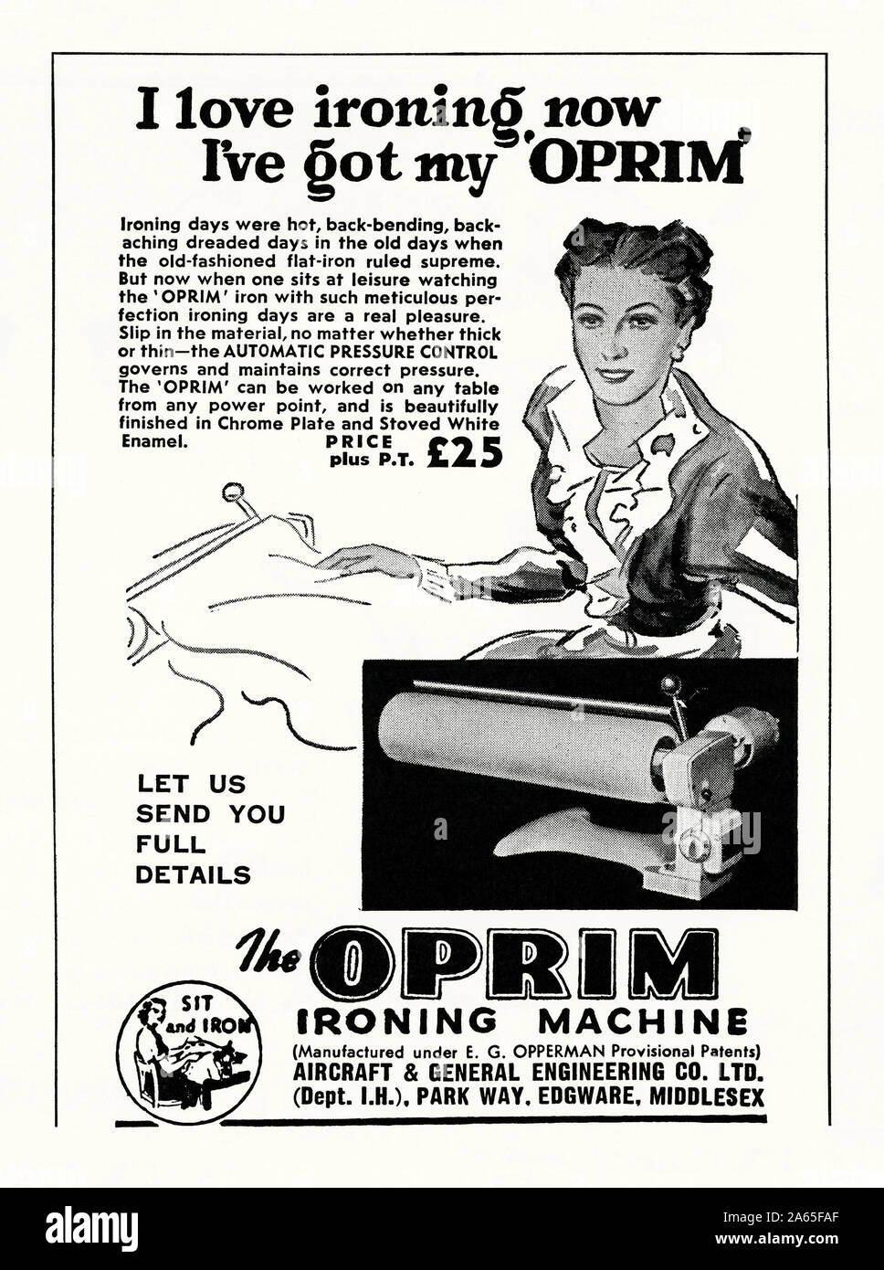 Advert for the Oprim Ironing Machine, 1951. The woman illustrated in the advert claims because of using the Oprim she has now got to 'love ironing'. The electric, rotary table-top ironer was made by Aircraft and General Engineering Company Ltd, Edgware, Middlesex, England, UK from around 1950. Feeding clothes through the machine was claimed to be far quicker than the traditional flat iron. Stock Photo
