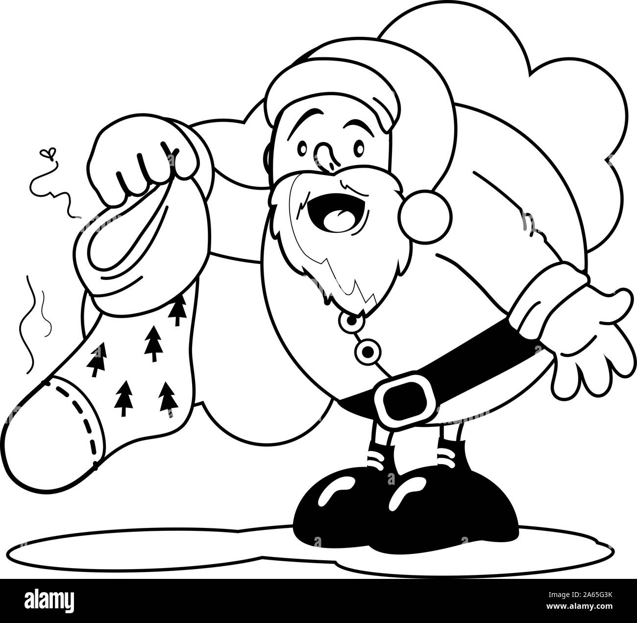 Santa Claus and a Christmas stocking - Santa Claus And A Christmas Stocking Vector Black And White Coloring Page 2A65G3K
