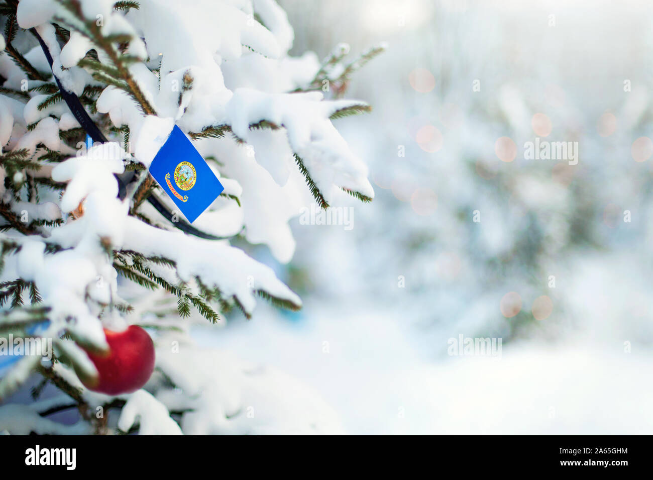 Idaho flag. Christmas tree branch with a flag of Idaho state. Xmas holidays greetings card. Winter landscape outdoors. Stock Photo