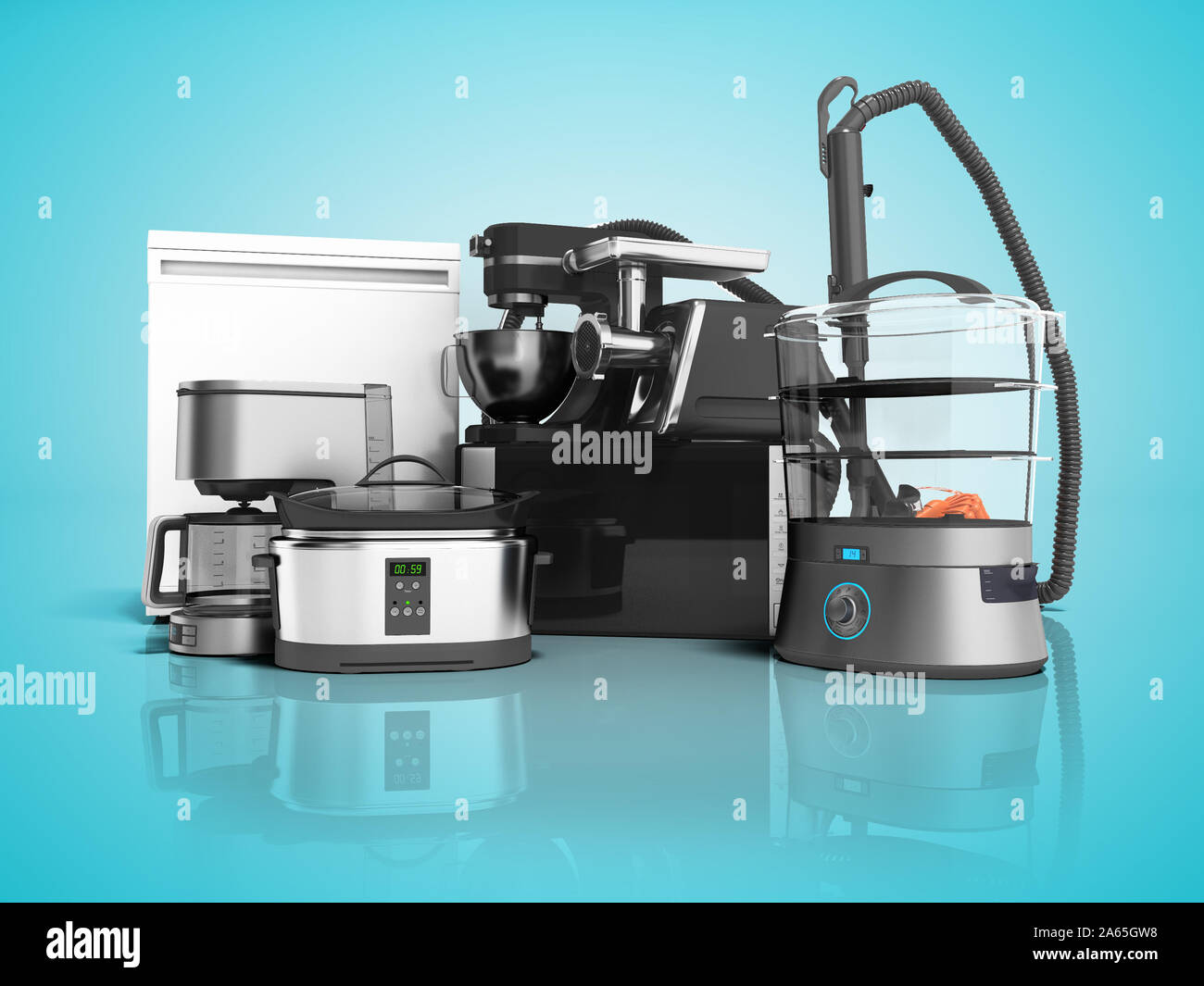 Household appliances Group of vacuum cleaners microwave coffee maker meat grinder steam machine