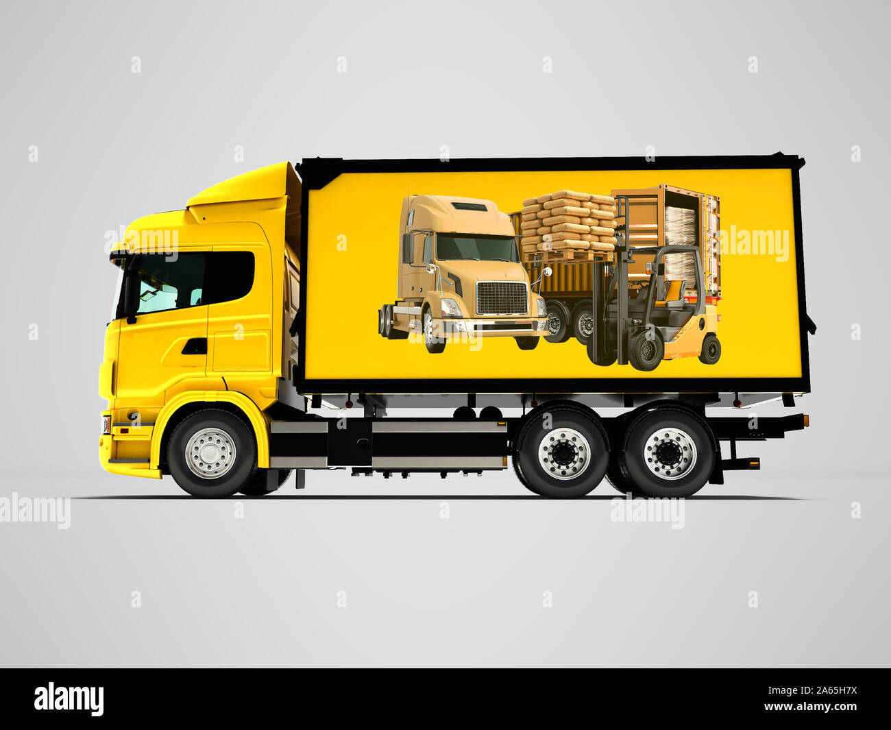 Large truck for transportation of building materials 3d render on gray background with shadow Stock Photo