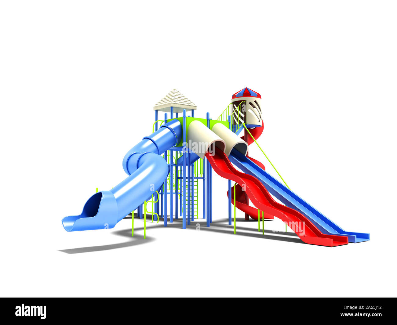 Playground for children with closed slides and double slides 3d render on white background with