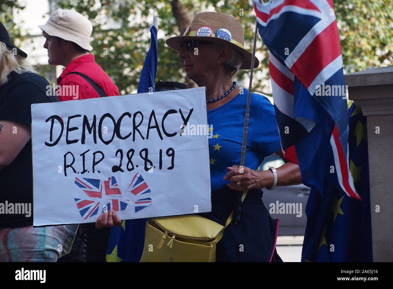 A view of people protesting over Brexit on Whitehall, Westminster, London, waving EU flags Stock Photo