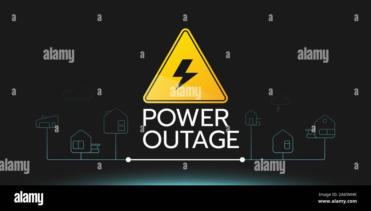 The power outage banner with a warning sign the one is on the black background with a slight blue glow also there are the outline icons of houses. Stock Vector