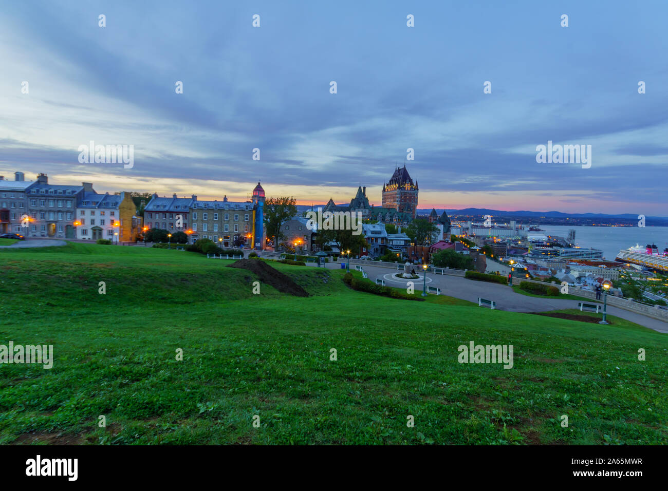 Sunset view of the old town and the Saint Lawrence River from the ...