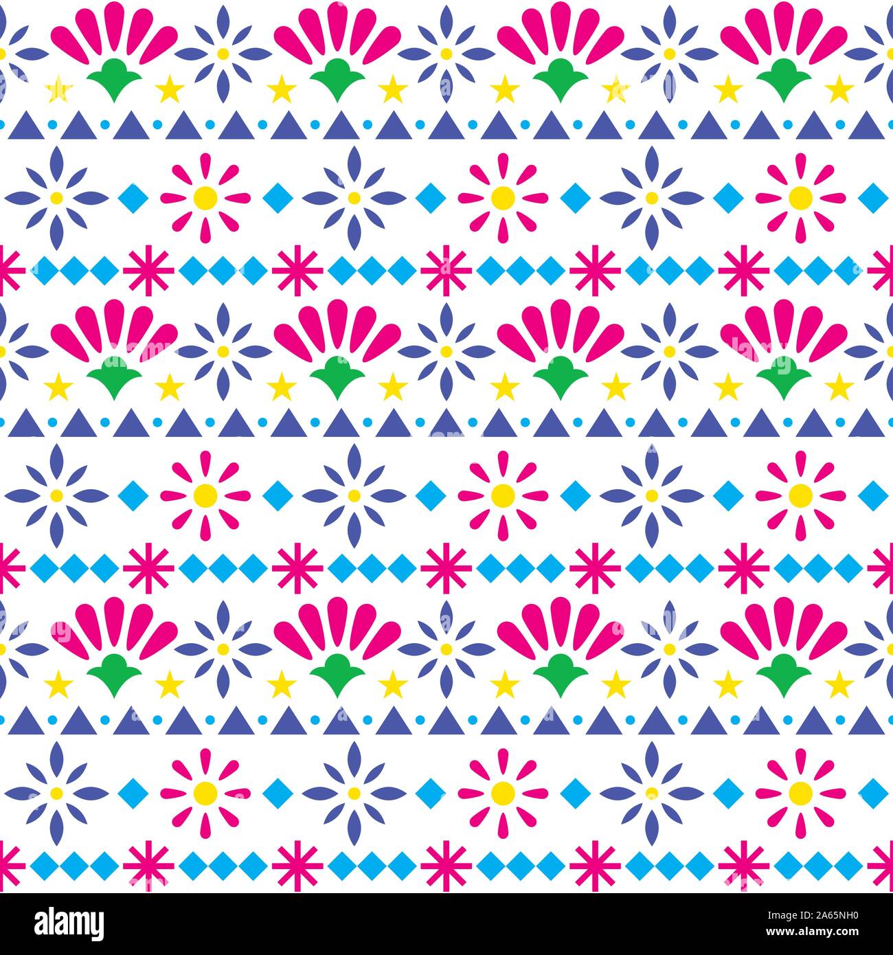 Mexican seamless textile vector pattern with flowers and abstract shapes, floral folk art decorations from Mexico Stock Vector