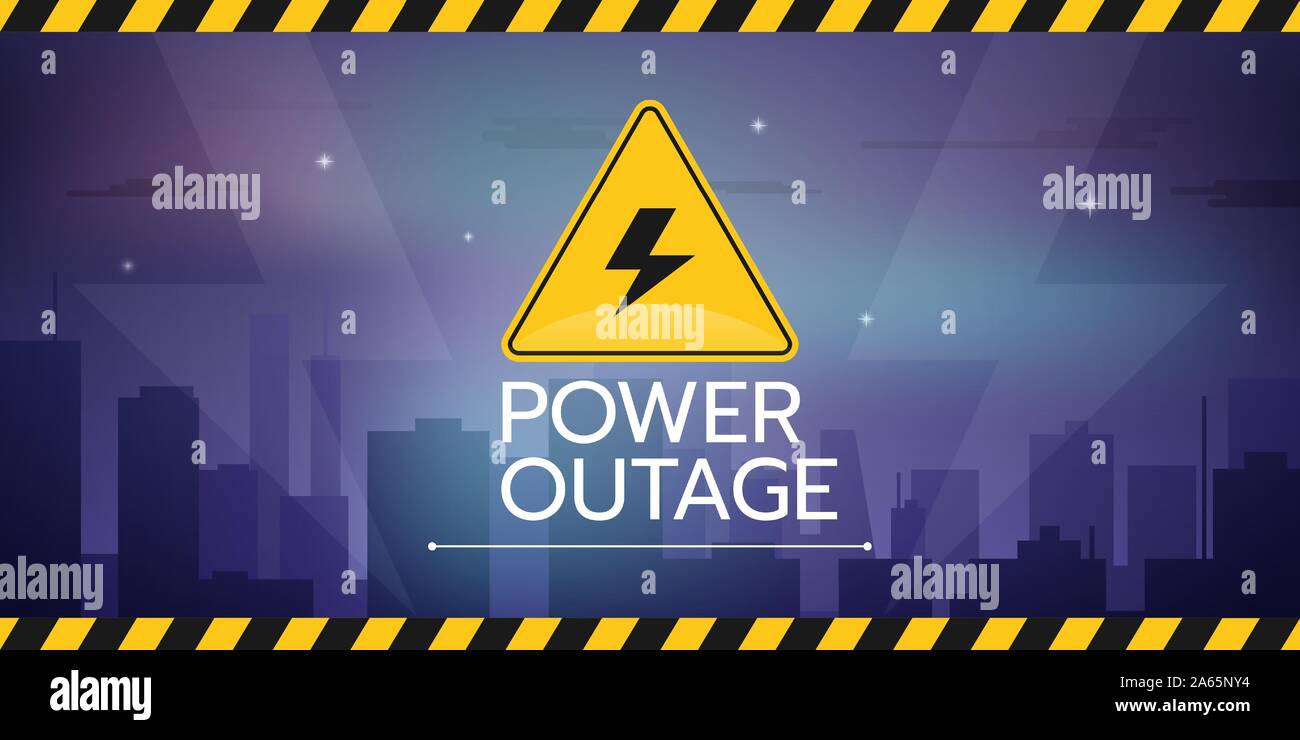 the banner of a power cut with a warning sign the one is on the