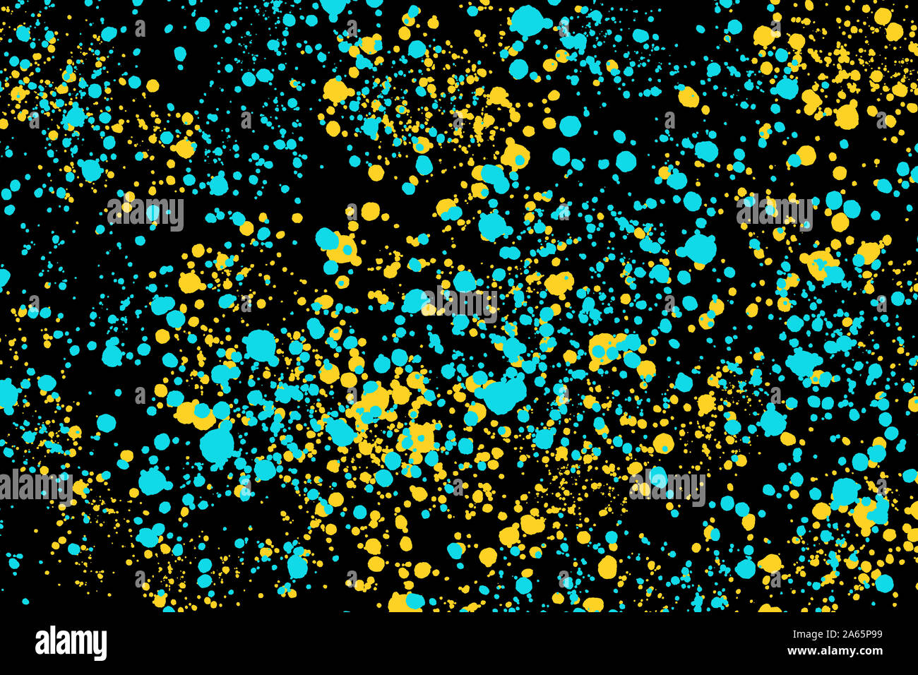 Neon blue and yellow paint splashes on black background. Abstract