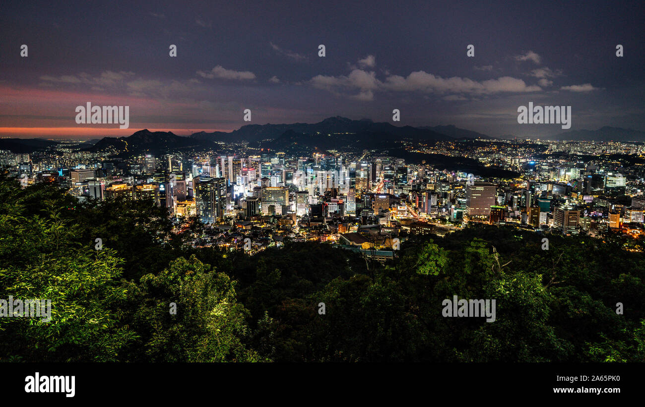Seoul city wide angle nightscape from Namsan park in Seoul South Korea Stock Photo