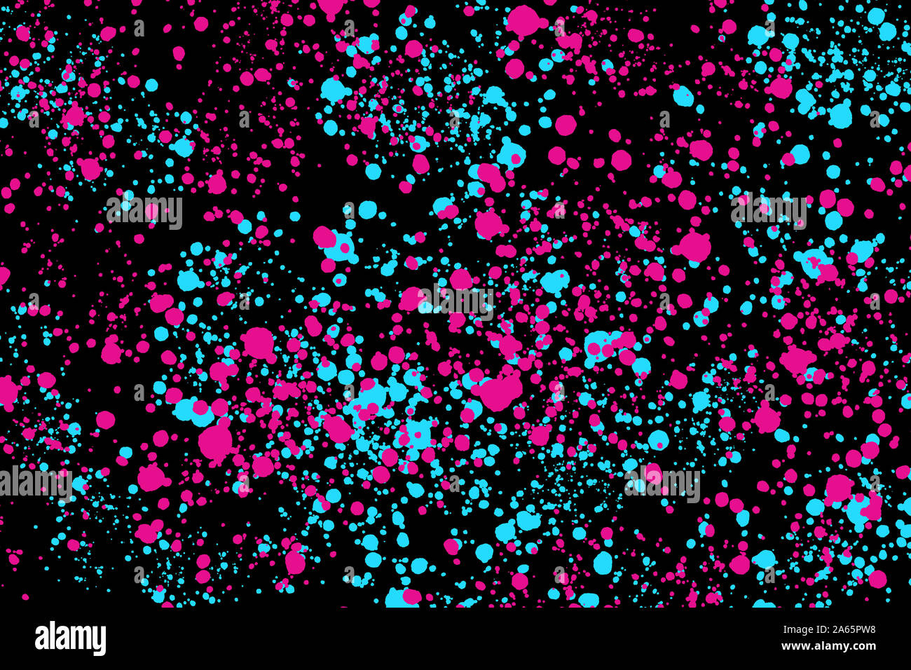 Neon magenta and blue paint splashes on black background abstract ...