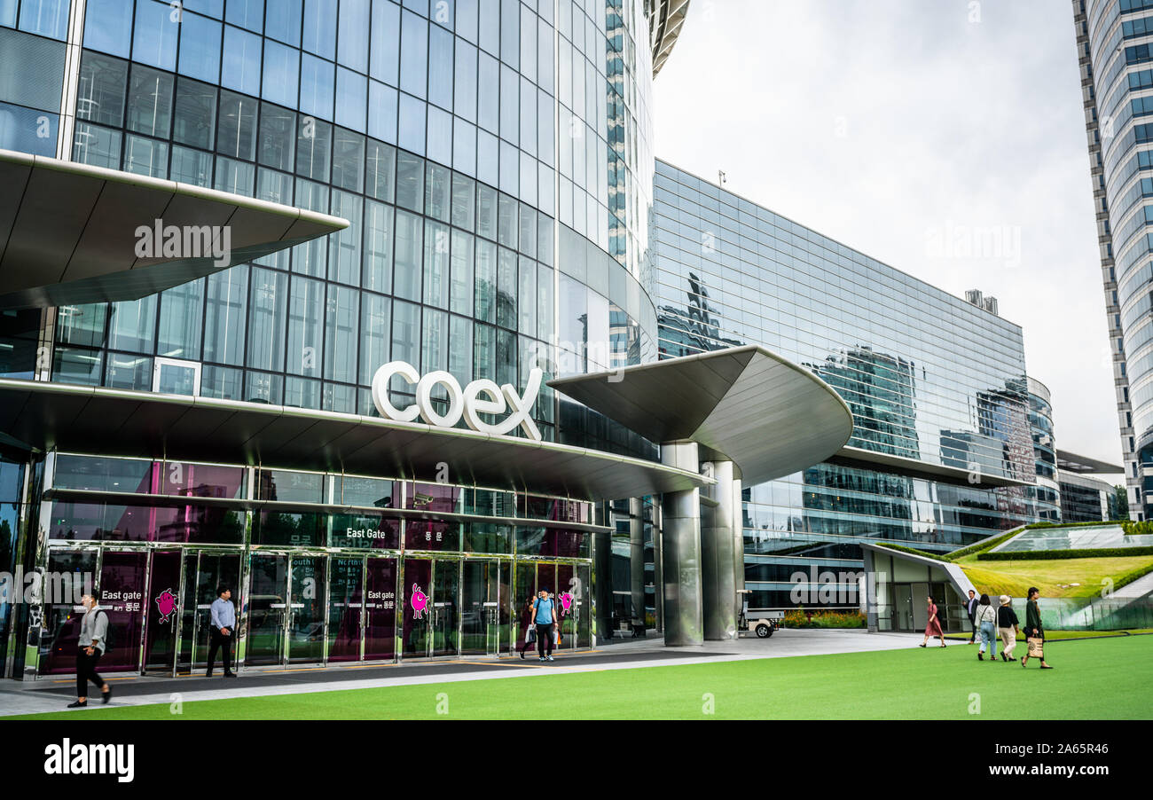 Seoul Korea , 20 September 2019 : Coex shopping mall entrance with people and sign in Gangnam district Seoul South Korea Stock Photo