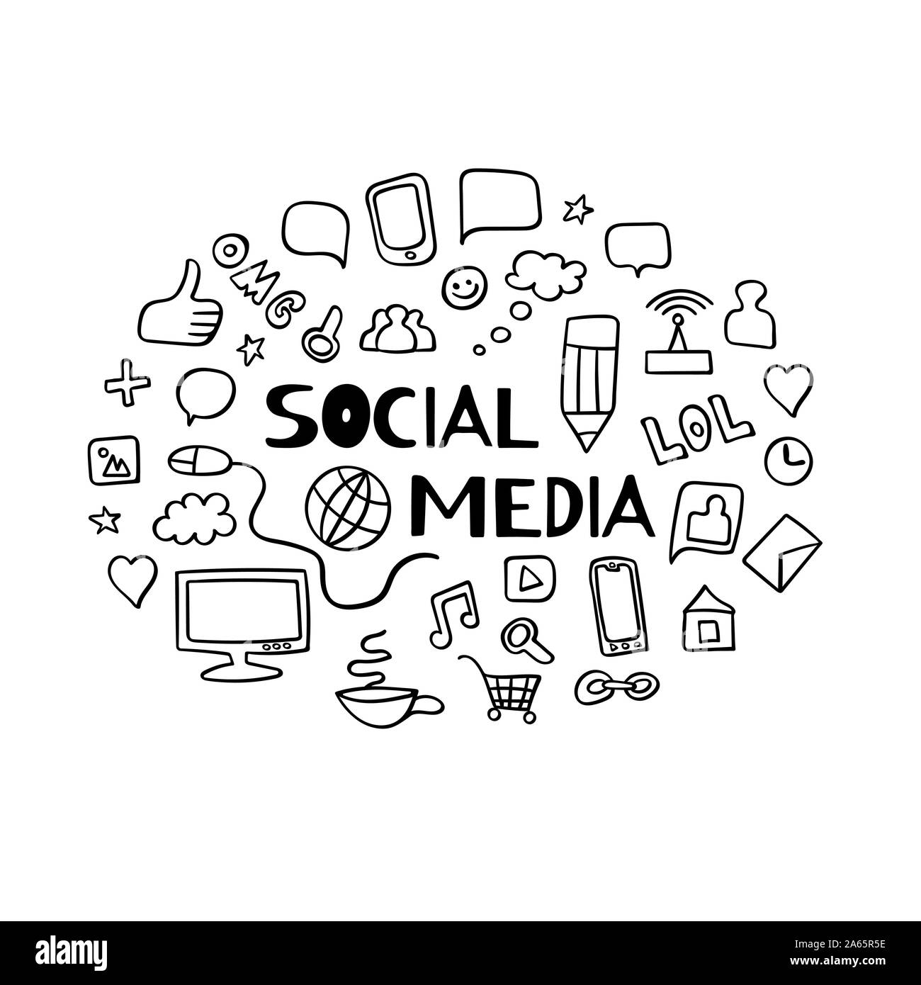 Social media doodle elements. Set of black hand drawn icons with ...