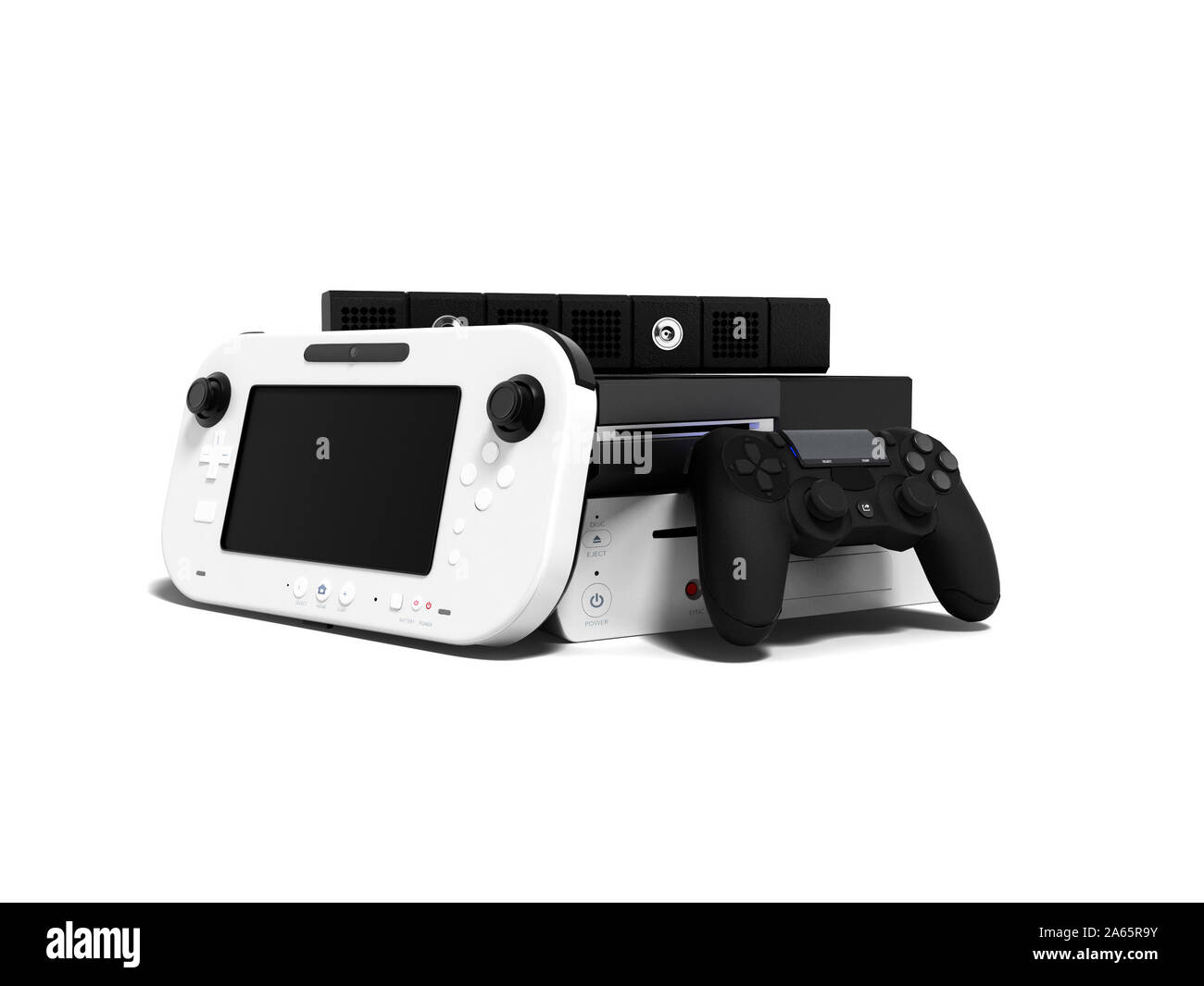 Concept of gaming consoles for games at home or on the street 3d render on white background with shadow Stock Photo