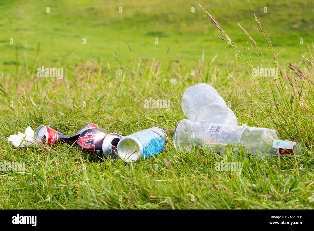 Garbage litter energy drink cans, bottles thrown away on grass Stock Photo