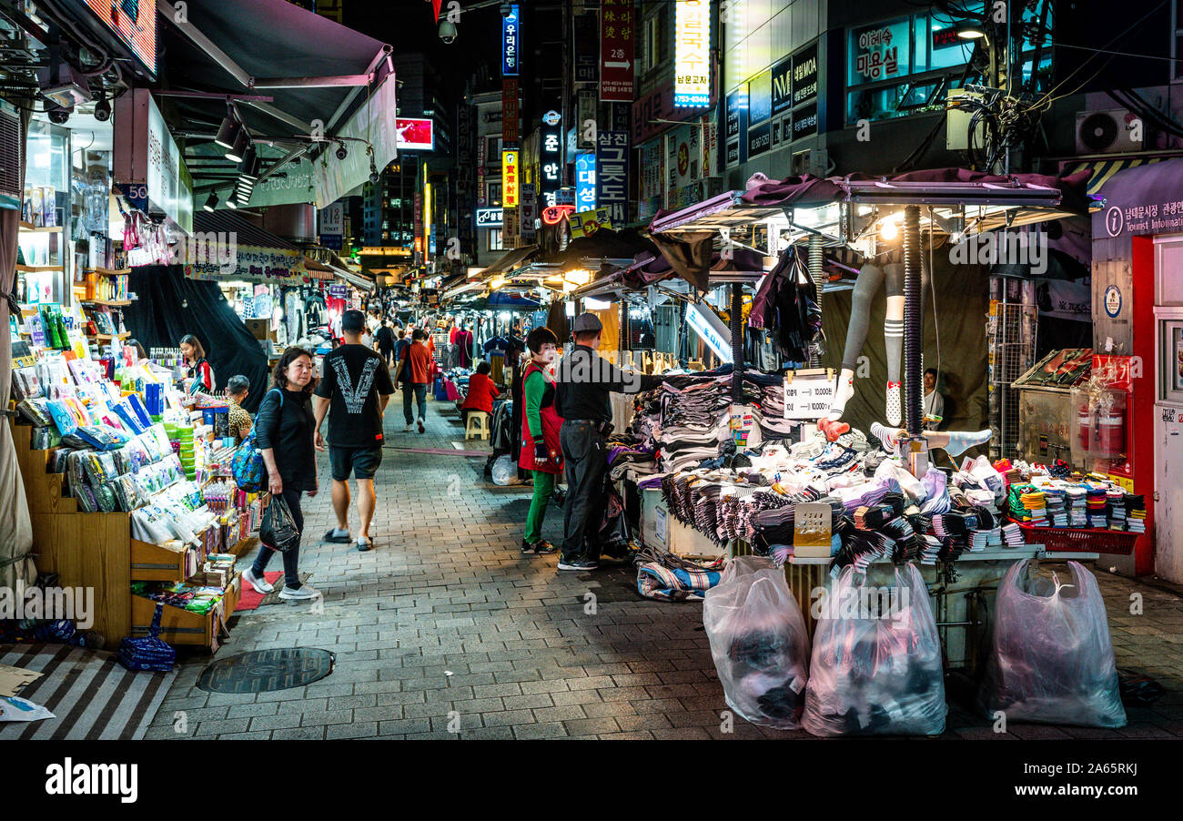 Seoul Korea , 26 September 2019 : Namdaemun night market view with people and clothes stalls in Seoul South Korea Stock Photo