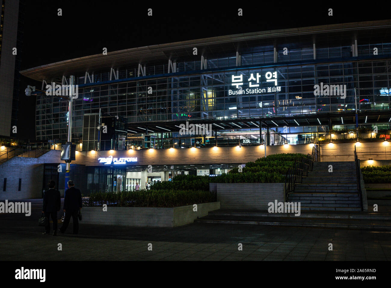 Busan South Korea , 2 October 2019 : Exterior view of Busan train station at night in South Korea Stock Photo