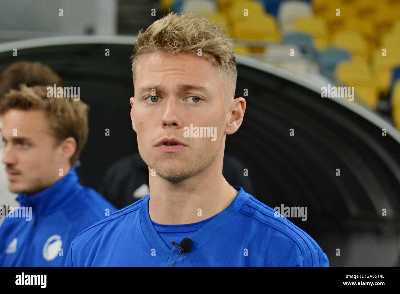 Kiev, Ukraine. 23rd Oct, 2019. KYIV, UKRAINE - OCTOBER 23, 2019: Viktor Fischer player F.C. Copenhagen speaks during a press conference before FC Dynamo with F.C. Copenhagen in the UEFA Europa League at the Olympic stadium (Photo by Aleksandr Gusev/Pacific Press) Credit: Pacific Press Agency/Alamy Live News Stock Photo