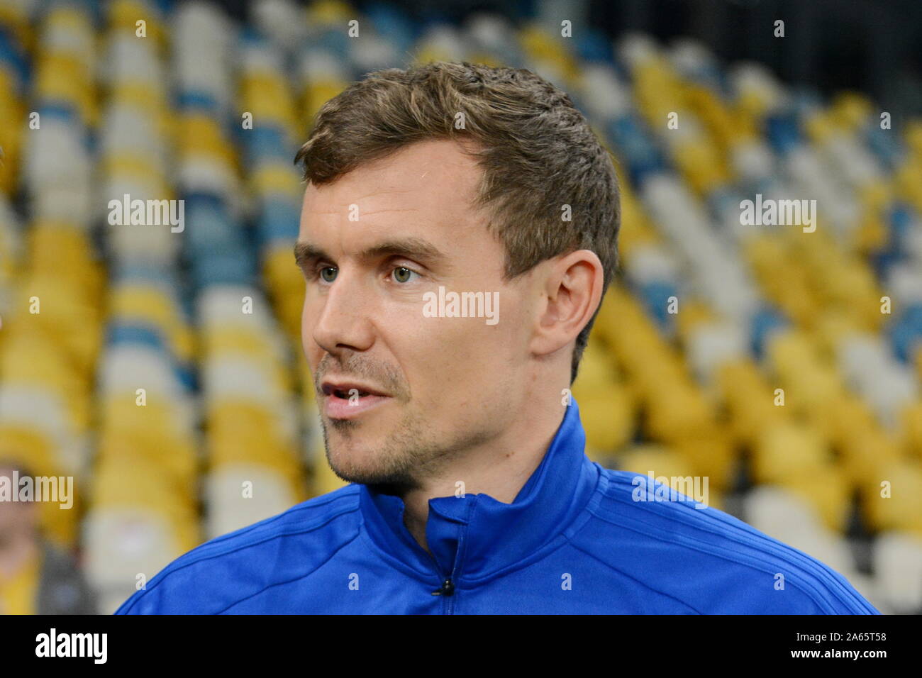 Kiev, Ukraine. 23rd Oct, 2019. KYIV, UKRAINE - OCTOBER 23, 2019: Andreas Bjelland player F.C. Copenhagen speaks during a press conference before FC Dynamo with F.C. Copenhagen in the UEFA Europa League at the Olympic stadium (Photo by Aleksandr Gusev/Pacific Press) Credit: Pacific Press Agency/Alamy Live News Stock Photo