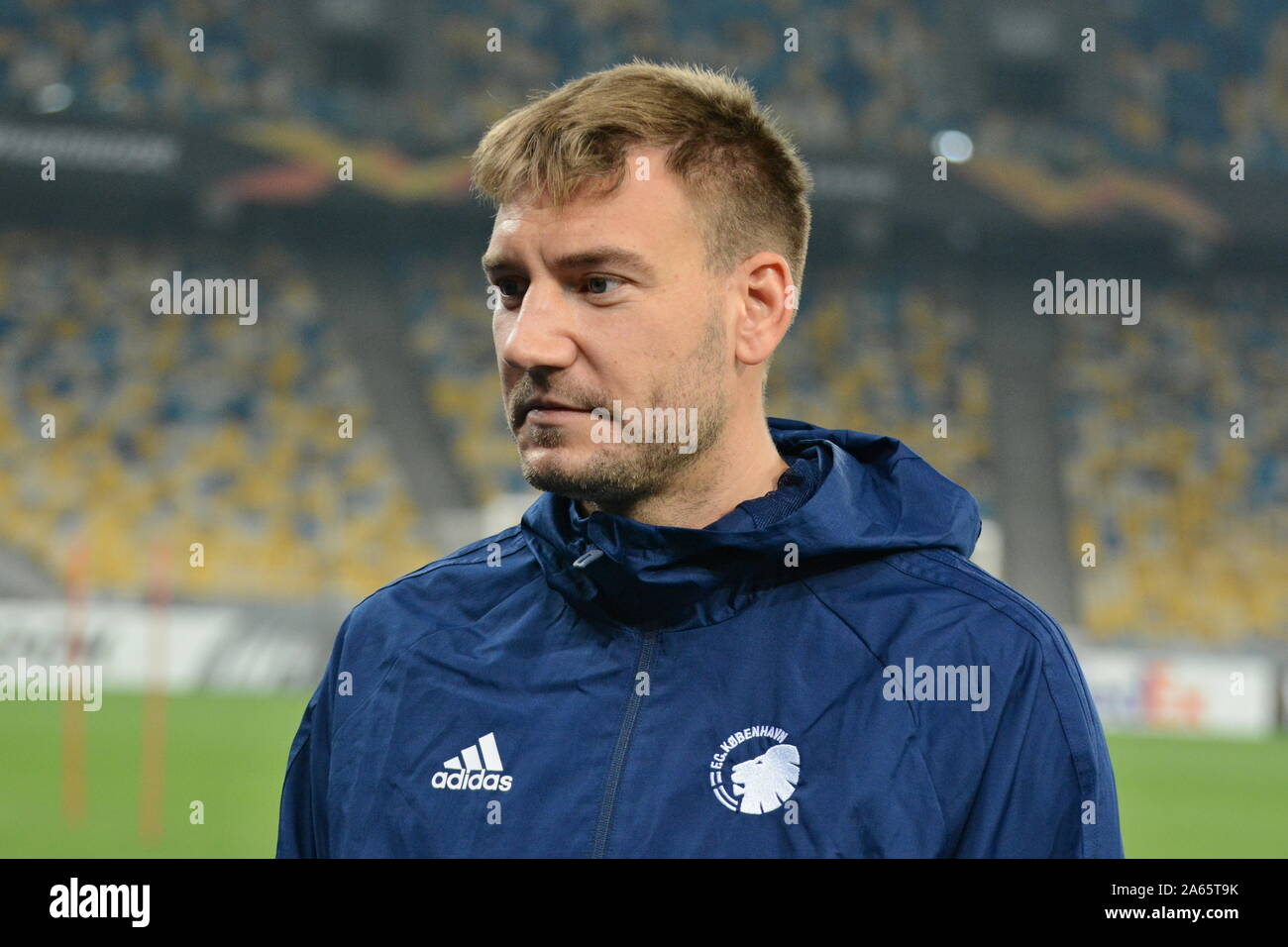 Kiev, Ukraine. 23rd Oct, 2019. KYIV, UKRAINE - OCTOBER 23, 2019: Nicklas Bendtner player F.C. Copenhagen speaks during a press conference before FC Dynamo with F.C. Copenhagen in the UEFA Europa League at the Olympic stadium (Photo by Aleksandr Gusev/Pacific Press) Credit: Pacific Press Agency/Alamy Live News Stock Photo