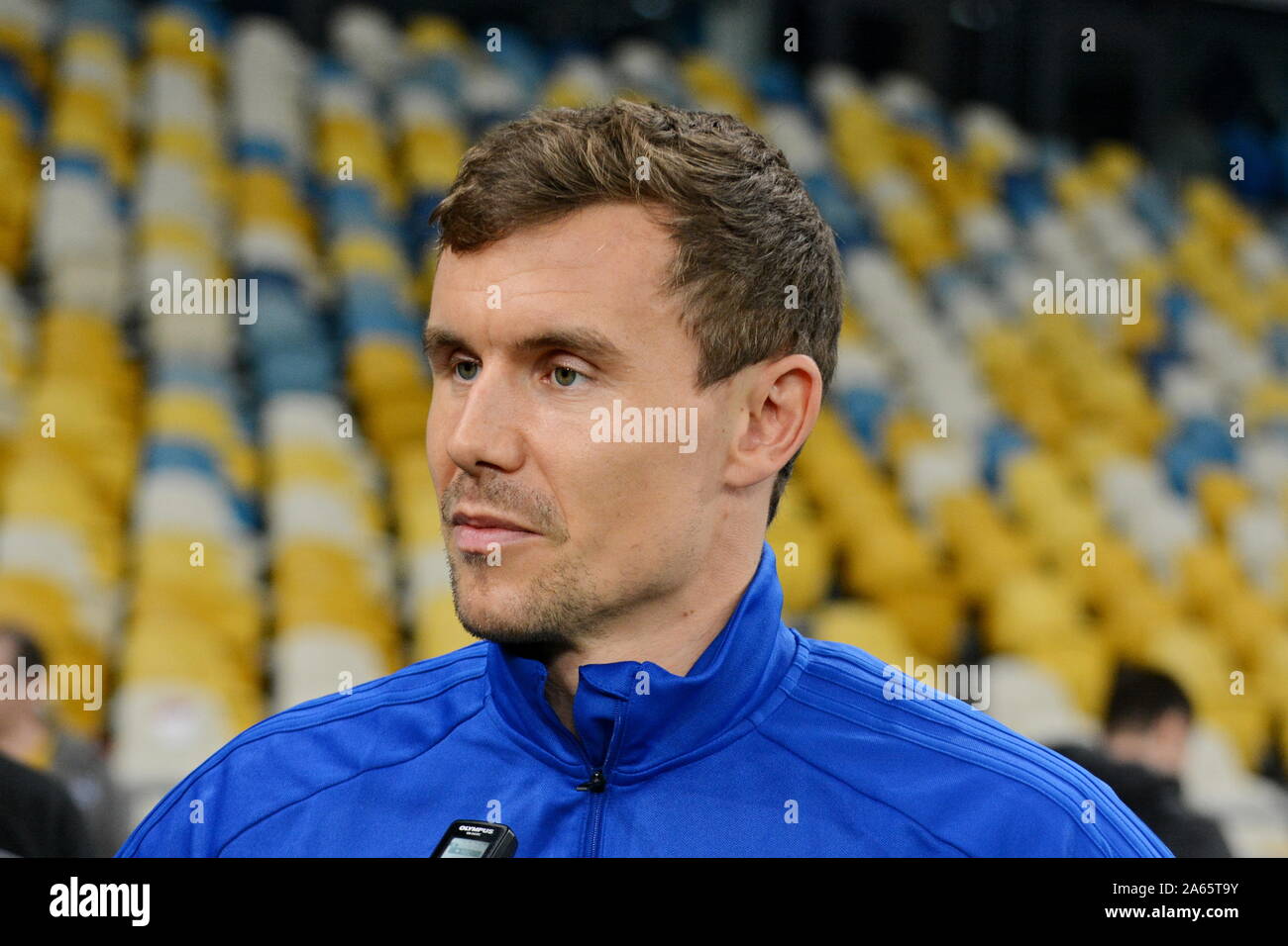 Kiev, Ukraine. 23rd Oct, 2019. KYIV, UKRAINE - OCTOBER 23, 2019: Andreas Bjelland player F.C. Copenhagen speaks during a press conference before FC Dynamo with F.C. Copenhagen in the UEFA Europa League at the Olympic stadium (Photo by Aleksandr Gusev/Pacific Press) Credit: Pacific Press Agency/Alamy Live News Stock Photo