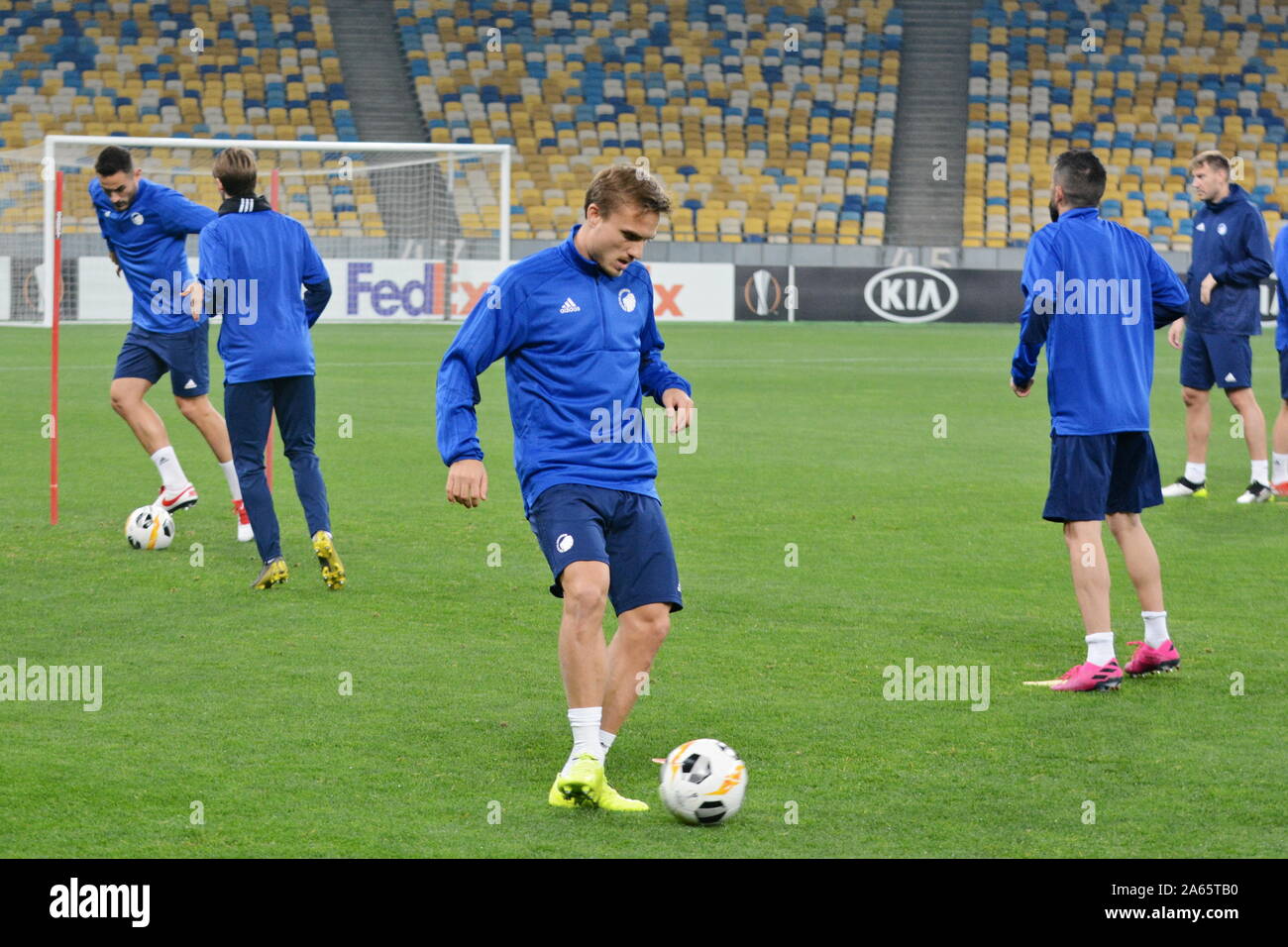 Kiev, Ukraine. 23rd Oct, 2019. KYIV, UKRAINE - OCTOBER 23, 2019: Copenhagen's players training before the match between FC Dynamo with F.C. Copenhagen in the UEFA Europa League at the Olympic stadium (Photo by Aleksandr Gusev/Pacific Press) Credit: Pacific Press Agency/Alamy Live News Stock Photo