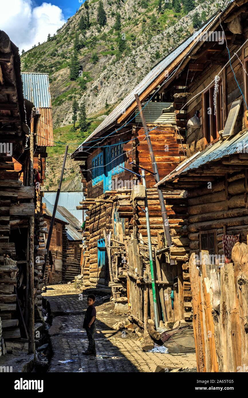 Kashmiri wooden houses, Sheikhpura Chorwan village, Kashmir, India, Asia Stock Photo