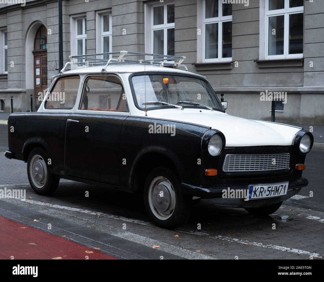Old East German car, Trabant, sitting on a street in Budapest. It was the most common vehicle in East Germany, and was also exported to countries both Stock Photo