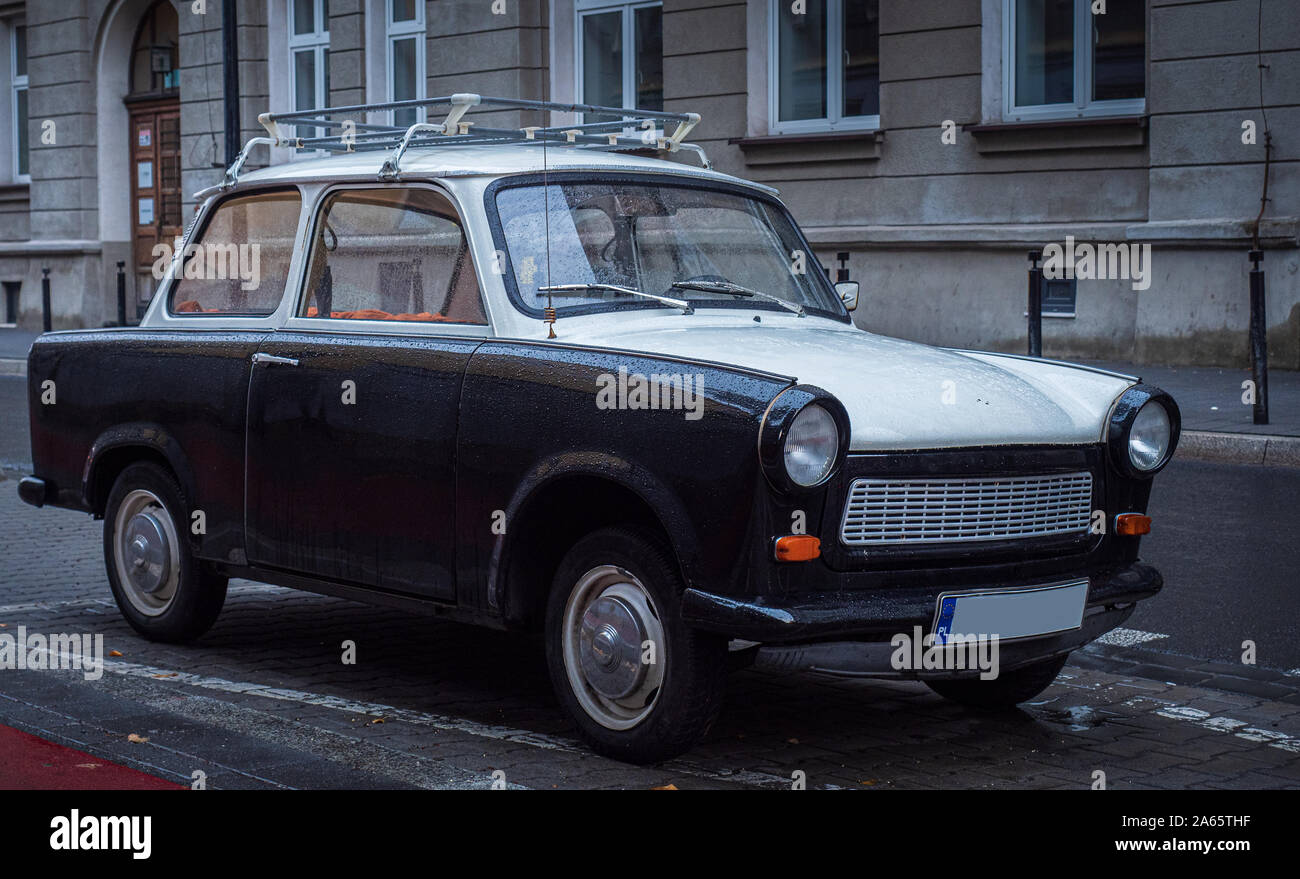 Old East German car, Trabant, sitting on a street in Budapest. It was the most common vehicle in East Germany, and was also exported to countries both Stock Photo
