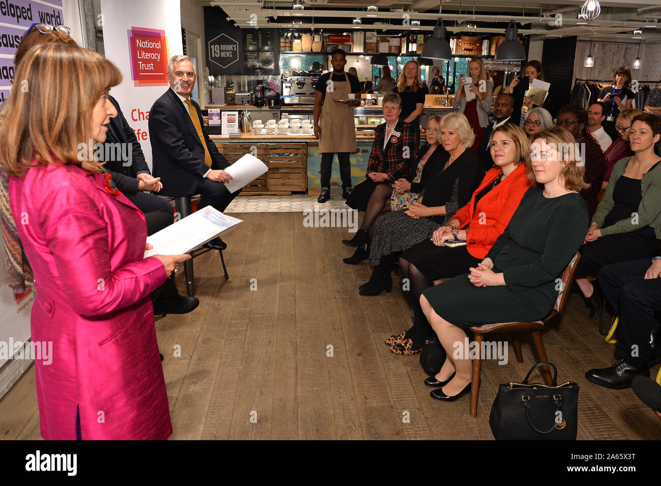 The Duchess of Cornwall during a tea reception at KPMG's Mayfair Cafe to mark the 7th anniversary of the National Literacy Trust's Books Unlocked programme which provides free copies of Booker Prize shortlisted titles to people in prison library groups to read, discuss and keep. PA Photo. Picture date: Thursday October 24, 2019. See PA story ROYAL Camilla. Photo credit should read: Jeff Spicer/PA Wire Stock Photo