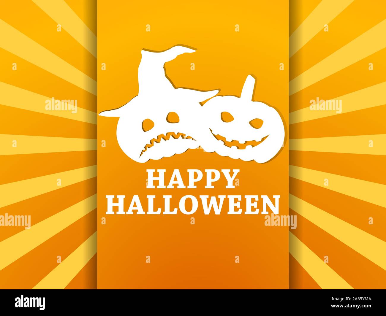 Happy Halloween, October 31st. Greeting card with pumpkins and rays on