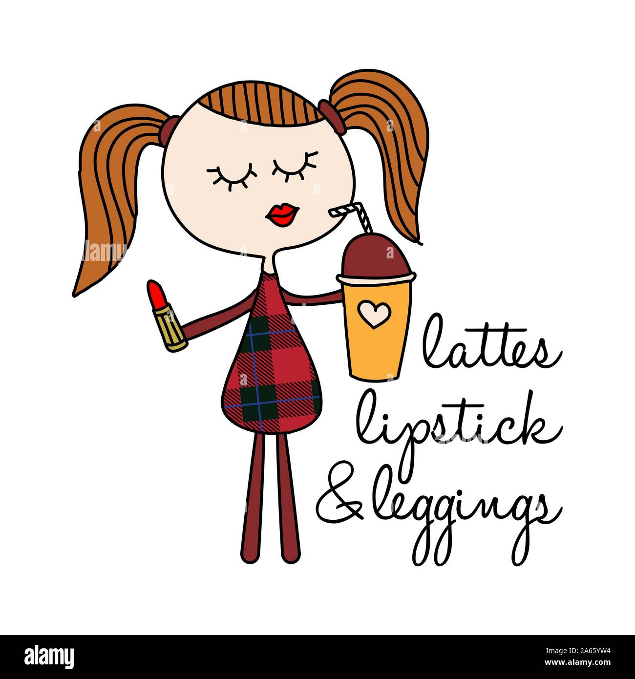 Lattes, lipstick and leggings - Hand drawn vector illustration. Autumn color poster. Good for scrap booking, posters, greeting cards, banners, textile Stock Vector