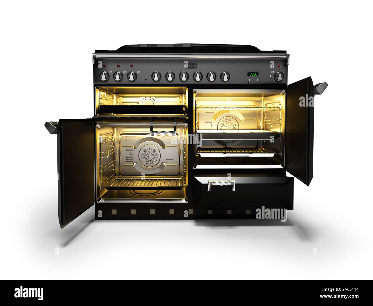 Gas stove included with open doors of electric oven front view 3d