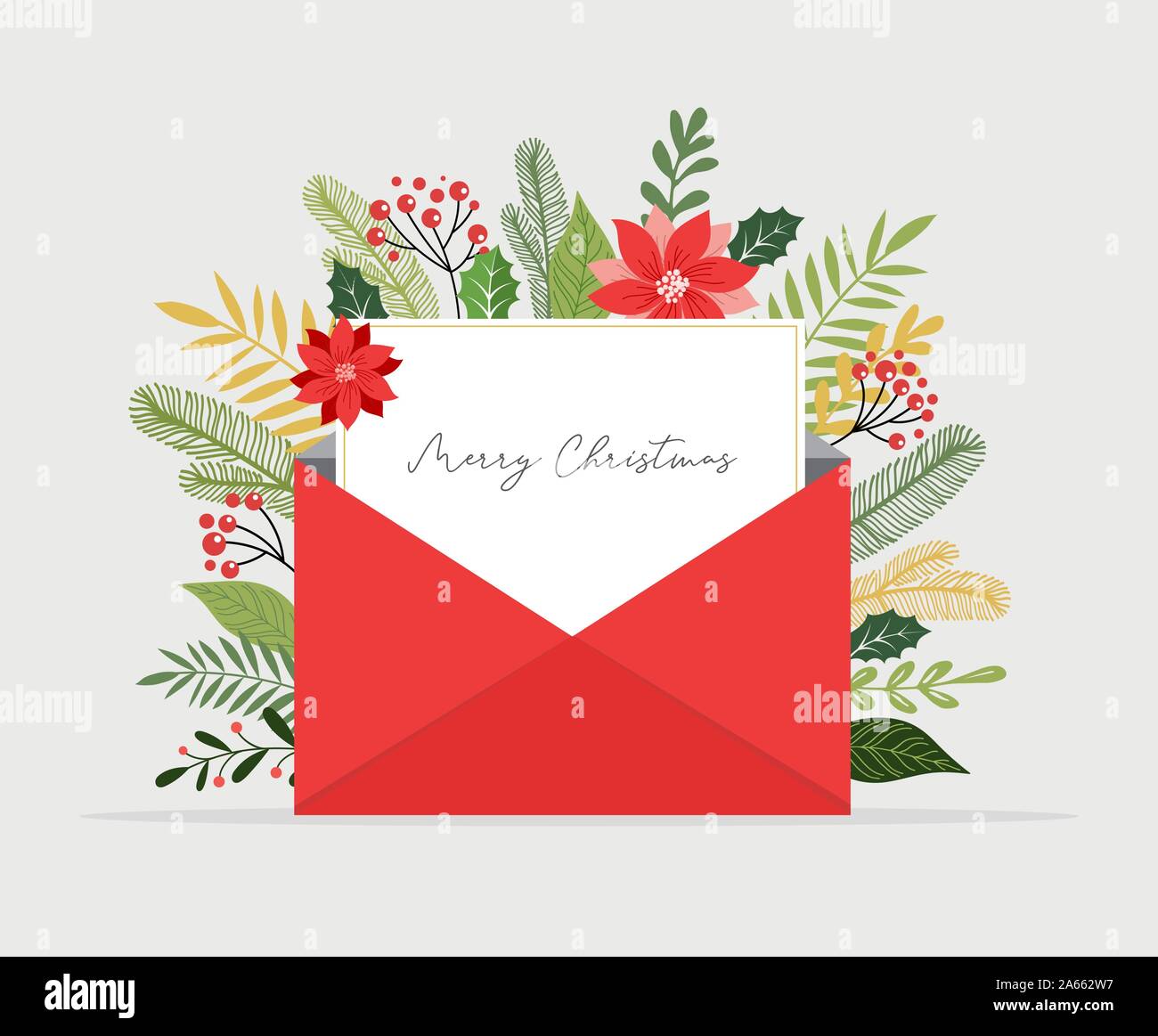 Christmas letter coming out of envelope. Blank white paper for writing Xmas message. Vector