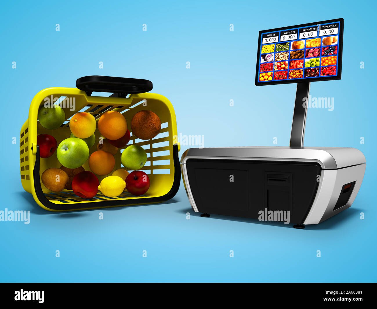 Cash register for weighing fruits in supermarket with basket 3d render