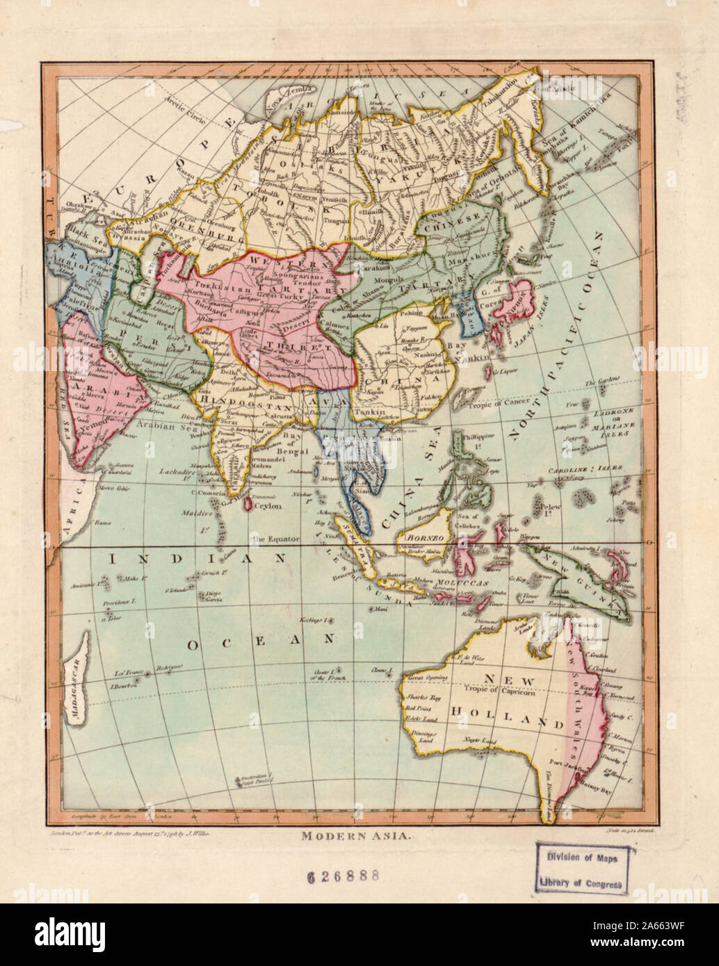 John Wilkes was a London publisher best known for his Encyclopaedia Londinensis; or, universal dictionary of arts, sciences, and literature (1801-28). Wilkes frequently worked with Samuel John Neele, the engraver of this hand-colored map of “modern Asia.” The map reflects late 18th-century European geographic conceptions and terminology. India is referred to as “Hindoostan,” while much of the interior is shown as comprised of “Western Tartary” and “Chinese Tartary.” “Tartary” was a designation applied by Europeans to those parts of Asia inhabited by nomadic Turkic and Mongol peoples. This map Stock Photo