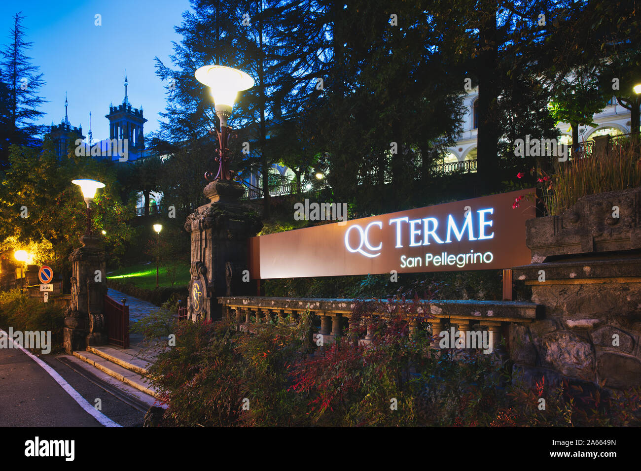 San Pellegrino terme, Italy - October 23, 2019: Entry to the QC Terme SPA. At the San Pellegrino Terme casino Stock Photo
