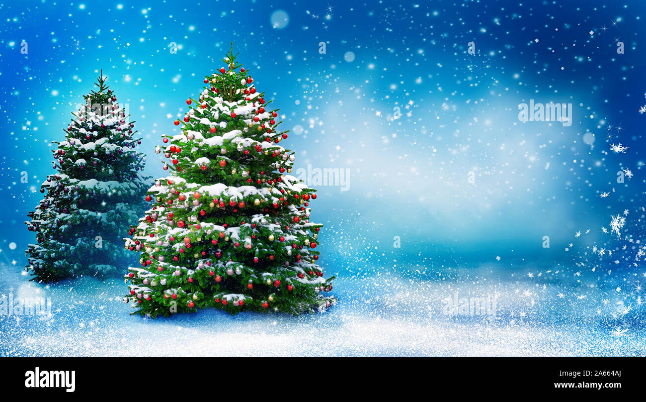 Beautiful snowy Christmas background with two New Year trees. Christmas  tree decorated with red balls and snow. Winter landscape with snowfall  Stock Photo - Alamy