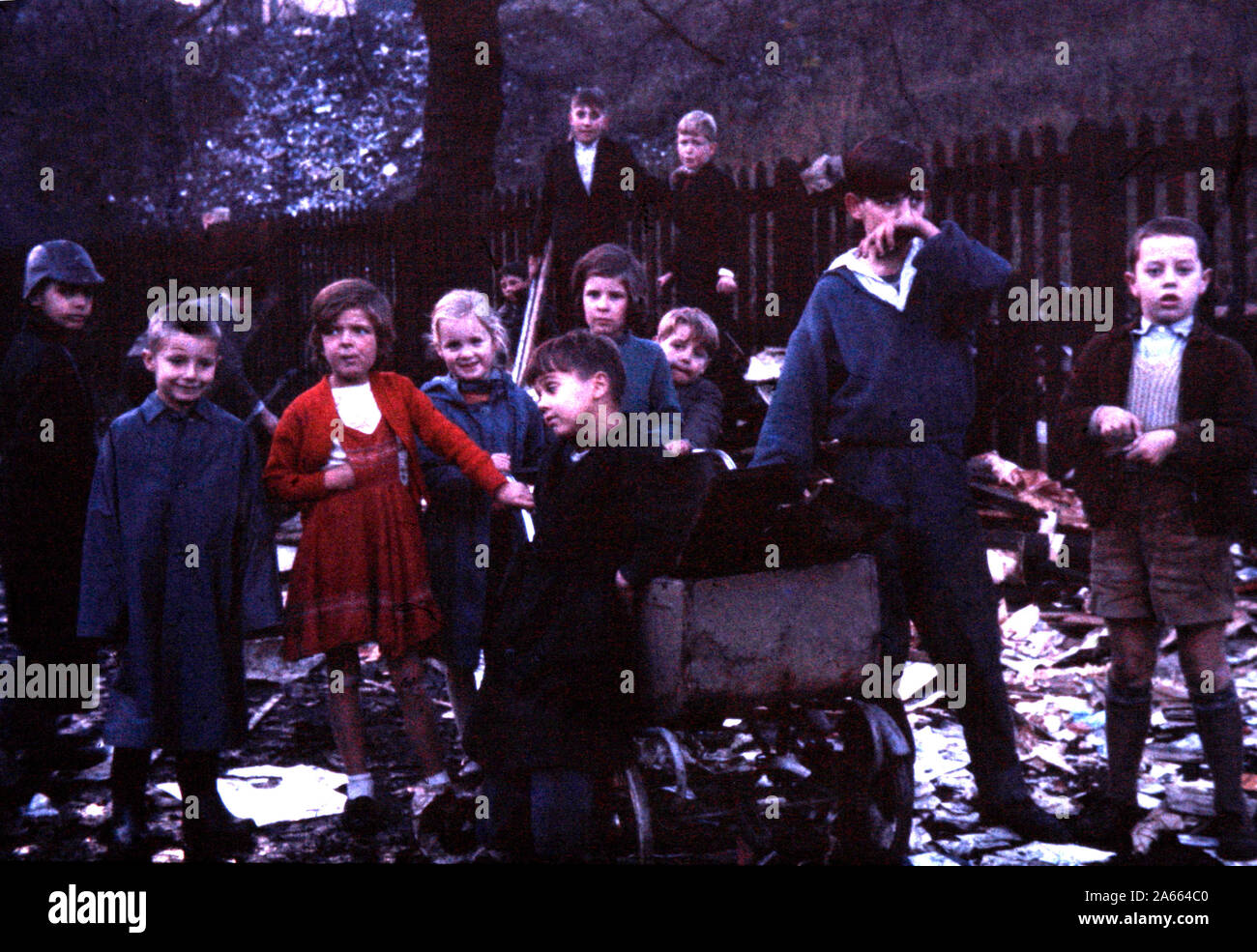 Local children building the fire for Guy Fawkes Night at the entrance to Hornsey Reservoirs in Western Road Wood Green Circa 1958 Stock Photo